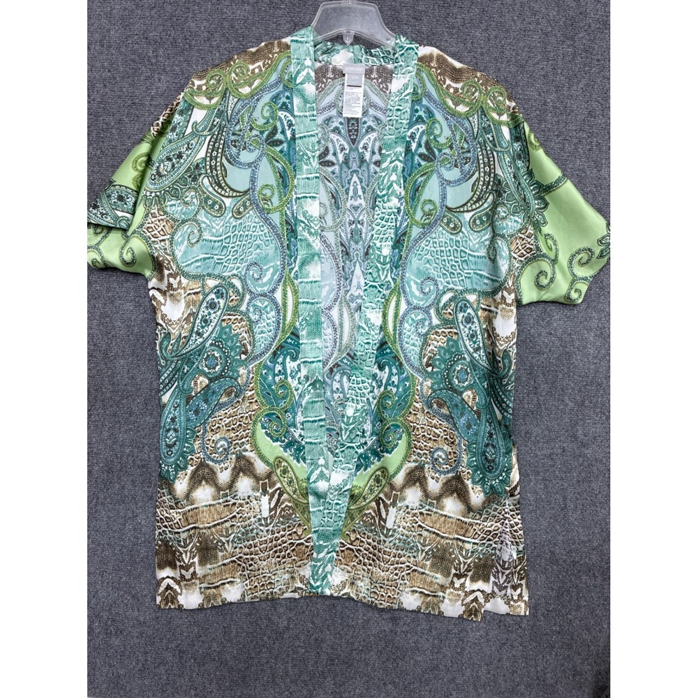 Chicos Drama Paisley Kimono Ruana Tapestry Teal Green Open Front medium NWT